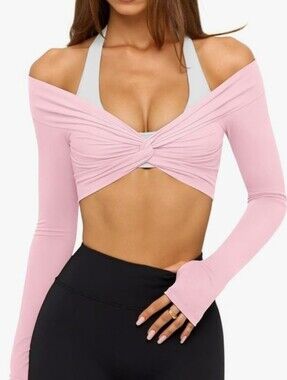 LASLULU Womens Twist Front Long Sleeve Workout Top Pink XS NWOT